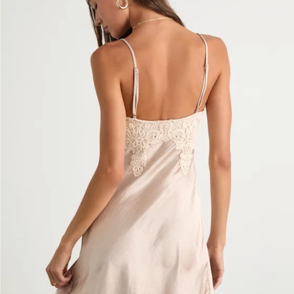Lulus Maylene Champagne Satin Crochet Lace Slip Mini Dress - Picture 2 of 7